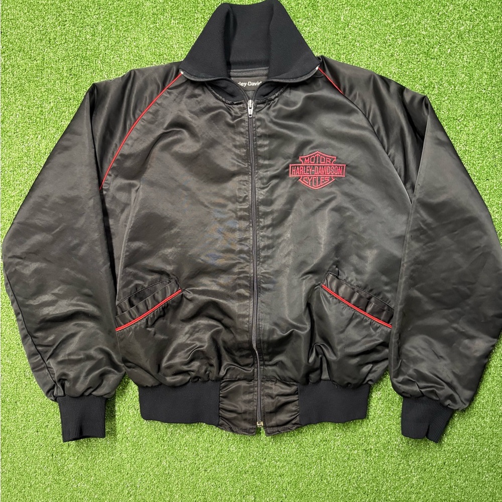 Vintage 1970s Harley-Davidson Black Bomber Jacket with Red Accents